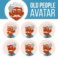 Indian Old Man Avatar Set Vector. Face Emotions. Hindu. Asian. Senior Person Portrait. Elderly People. Aged. User