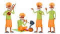 Indian Old Man Poses Set Vector. Hindu. Asian. Elderly People. Senior Person. Aged. Snake Cobra Dance. Advertisement