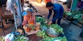 an indian old woman giving veg to the male customer at street green store Royalty Free Stock Photo