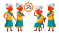 Indian Old Woman Poses Set Vector. Elderly People. Senior Person. Aged. Beautiful Retiree. Life. Design. Isolated