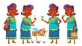 Indian Old Woman Shopping Vector. Elderly People. Hindu In Sari. Asian. Senior Person. Aged. Caucasian Retiree. Smile