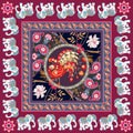 Indian ornamental shawl with fairy stylized peacock, paisley, flowers and animal border with cute cartoon elephant. Ethnic style