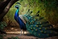 Beautiful Colorful Indian Peafowl Toucan Full Body In Forest. Colorful and Vibrant Animal.