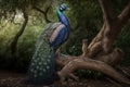 Beautiful Colorful Indian Peafowl Toucan Full Body In Forest. Colorful and Vibrant Animal.