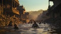 Indian people bathing in holy river Ganges at sunset, Varanasi, India