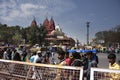 Indian people drive car and ride and bike and walk on street with traffic road at Hindu Shrine and red fort at India Royalty Free Stock Photo