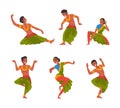 Indian people performing traditional dance set. Happy dancers in traditional clothes cartoon vector illustration