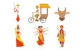 Indian People in Traditional Clothing Symbols of Country Set, Rickshaw, Sacred Cow, Dancing People Vector Illustration