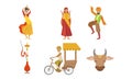 Indian People in Traditional Clothing Symbols of Country Set, Rickshaw, Sacred Cow and Indian People in Traditional