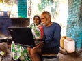 indian poor old couple operating laptop computer system togather at home in india January 2020 Royalty Free Stock Photo