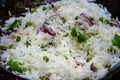 Indian Pulav or vegetables rice, Rise with fresh Peas rise, Ingredients rice, green peas. isolated on black background.