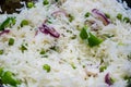 Indian Pulav or vegetables rice, Rise with fresh Peas rise, Ingredients rice, green peas. isolated on black background.