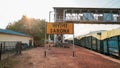 indian Railway station, Sarona Raipur railway junction in india, Yellow sign board in railway station and foot over bridge in Royalty Free Stock Photo