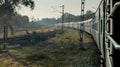 Indian railway train,view from window at dawn,Tamil Nadu,India