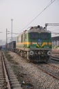 Indian railways train engine front, green engine