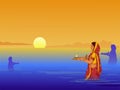 Indian regional festival of Bihar state Chhat, Hindu religious woman worshiping the setting sun at river