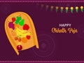 Indian regional festival of Bihar state Chhath concept with prayer ingredients full traditional basket on Purple mandala Royalty Free Stock Photo