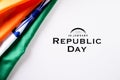 Indian republic day concept. Indian flag with the text Happy republic day against a white background. 26 January