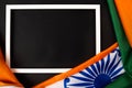 Indian republic day, flat lay top view, Indian flag and photo frame