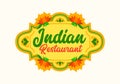 Indian Restaurant Emblem with Blooming Lotus Flowers with Orange Petals and Green Leaves. Food of India Label for Cafe