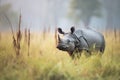 indian rhino foraging in the bush at dawn Royalty Free Stock Photo