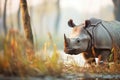 indian rhino foraging in the bush at dawn Royalty Free Stock Photo