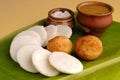 Indian Rice cake with Lentil curry. South Indian Breakfast. Idali Sambar idli food