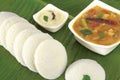 Indian Rice cake with Lentil curry. South Indian Breakfast. Idali Sambar idli food