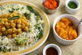 Indian Rice Pulao with Chickpeas, Broccoli and Sauces