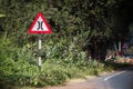 Indian road cautionary sign indicating narrow bridge ahead. Indicates the driver about a narrow bridge on the road ahead