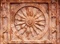 Indian rock-cut architecture. Ceiling with carved fish in wheel of life. 6th century cave temple in town Badami, India.