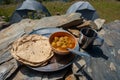 Indian Roti-Sabzi ( Indian bread and vegetable curry) food platter in the outdoors