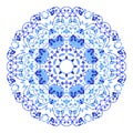 Indian round ornament, kaleidoscopic floral pattern, mandala. Design made in Russian gzhel style and colors Royalty Free Stock Photo