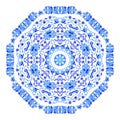 Indian round ornament, kaleidoscopic floral pattern, mandala. Design made in Russian gzhel style and colors