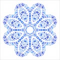 Indian round ornament, kaleidoscopic floral pattern, mandala. Design made in Russian gzhel style and colors. Royalty Free Stock Photo