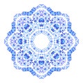 Indian round ornament, kaleidoscopic floral pattern, mandala. Design made in Russian gzhel style and colors. Royalty Free Stock Photo