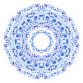 Indian round ornament, kaleidoscopic floral pattern, mandala. Design made in Russian gzhel style and colors. Royalty Free Stock Photo