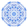 Indian round ornament, kaleidoscopic floral pattern, mandala. Design made in Russian gzhel style and colors. Royalty Free Stock Photo