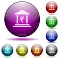 Indian Rupee bank office icon in glass sphere buttons