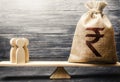 Indian rupee INR symbol on money bag and people on scales. concept attracting investment, business cooperation, crowdfunding