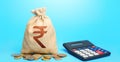 Indian rupee money bag and calculator. Accounting concept. Analysis of loan selection. Income and expenses. Calculation of damage Royalty Free Stock Photo