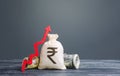 Indian rupee money bag and red arrow up. Influx of investment and capital, increase of wealth. Rising inflation. Economic recovery Royalty Free Stock Photo