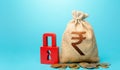 Indian rupee money bag and red padlock. Blocking bank accounts and seizing assets. Freezing of pension savings. Cash flow