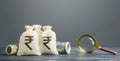 Indian rupee money bags and magnifying glass. Profitable investment, dividends payouts. Financial monitoring of suspicious cash