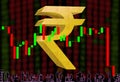 Indian rupee sign on blurry numbers background and candlestick chart. Silhouettes of office workers Royalty Free Stock Photo
