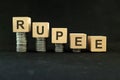 Indian rupee weakening, value depreciation and devaluation concept. Decreasing stack of coins Royalty Free Stock Photo