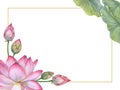 Indian sacred lotus flower, buds, leaves. Horizontal frame. Water lily, pink lotuses, green leaf, bud. Space for text. Watercolor Royalty Free Stock Photo