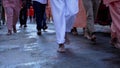 Indian saint or sadhus walking barefoot at Holy city Haridwar of Uttarakhand India during Largest Indian festival