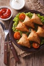 Indian samosa on a plate with sauce closeup, vertical top view