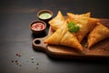 Indian samosa, street food classic, showcased on a chopping board